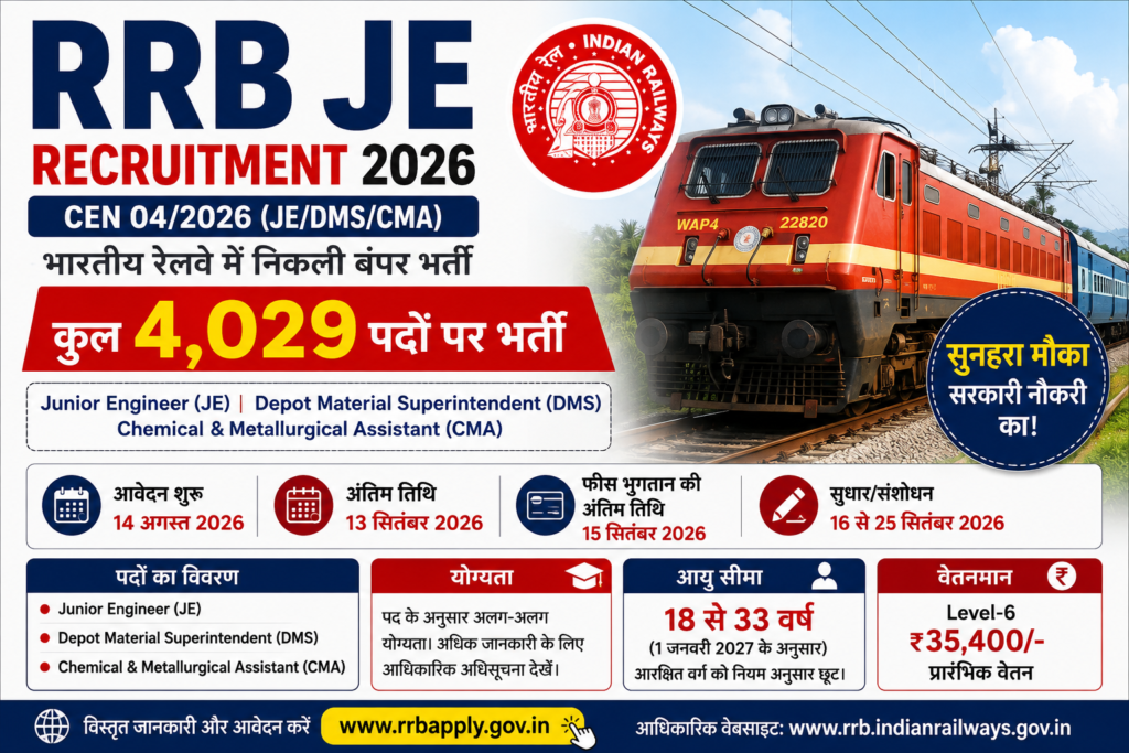 RRB JE Recruitment 2026: 4,029 पदों पर भर्ती, JE, DMS और CMA के लिए आवेदन शुरू — Last Date 13 September